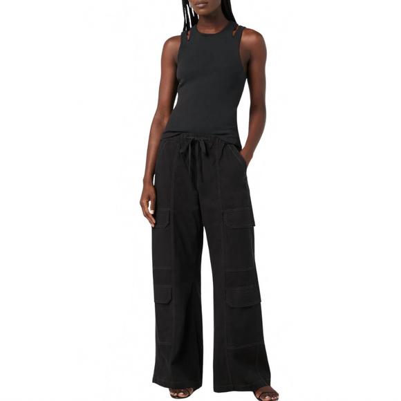 NEW HUDSON drawstring parachute wide leg cargo pant in black